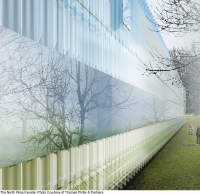 The original proposal called for vertical blades of glass overlaid with reflective panels. courtesy: thomas phifer and partners