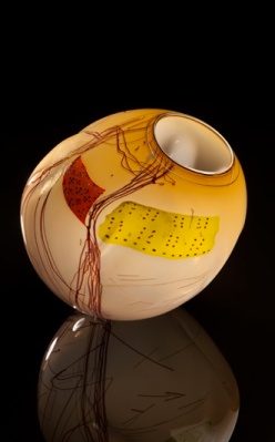 Dale Chihuly, Tabac Basket with Drawing Shard and Oxblood Body Wrap. Blown glass, cane drawing. H 10, W 10, D 10 in. $20,000.